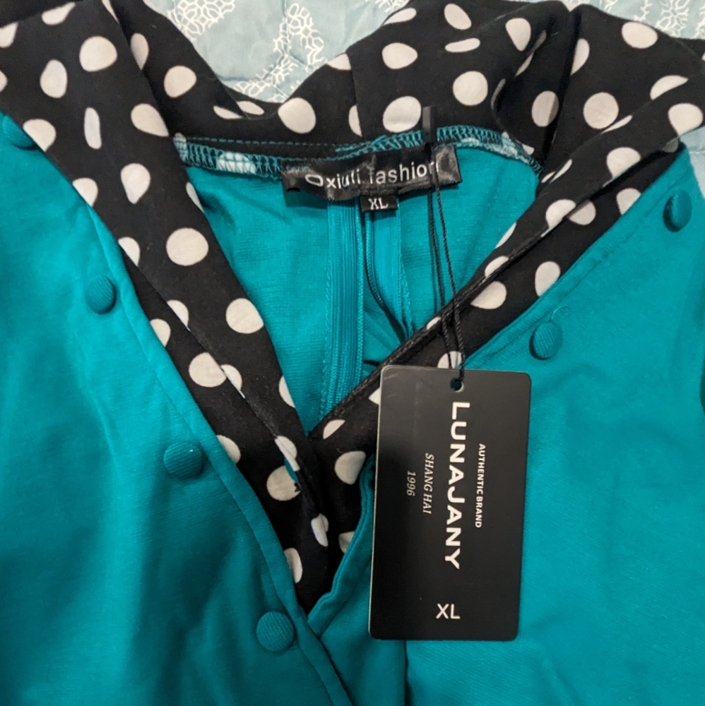 Teal with Polkadot contrast Pencil dress - Picture 3 of 7